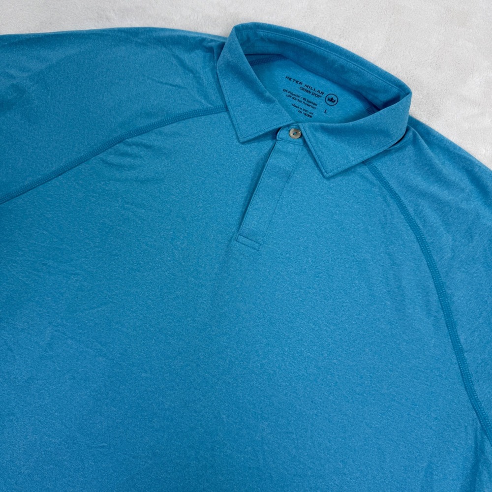 Peter Millar Crown Sport Men Blue Heathered Golf Polo Shirt Large UPF 50+